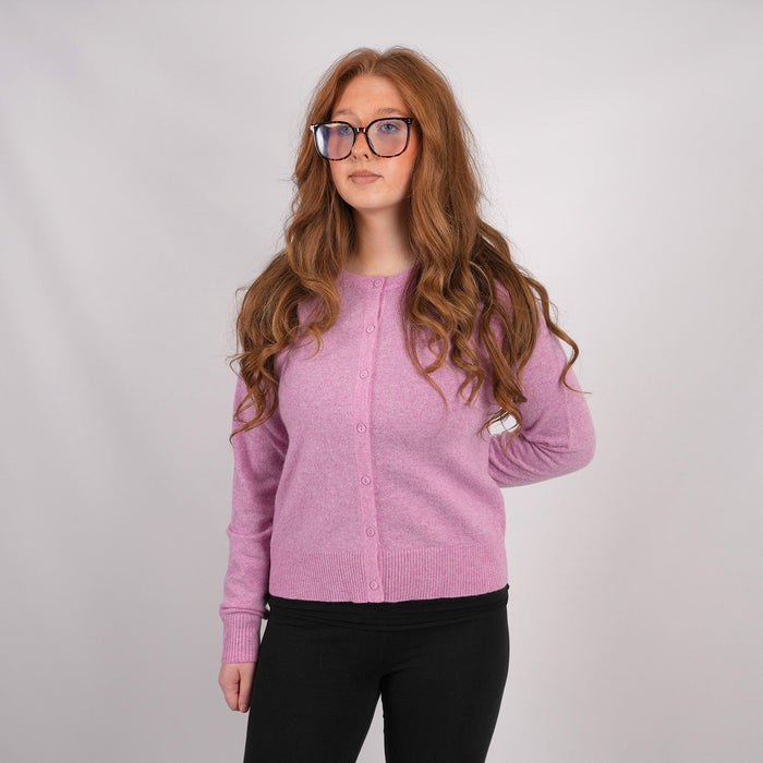 100% Cashmere Ladies Crew Cardigan - Marl Lilac - Heritage Of Scotland - XS