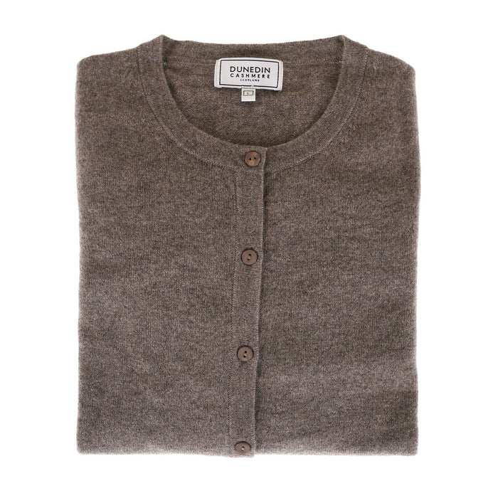 100% Cashmere Ladies Crew Cardigan - Vaper Mid Brown - Heritage Of Scotland - XS