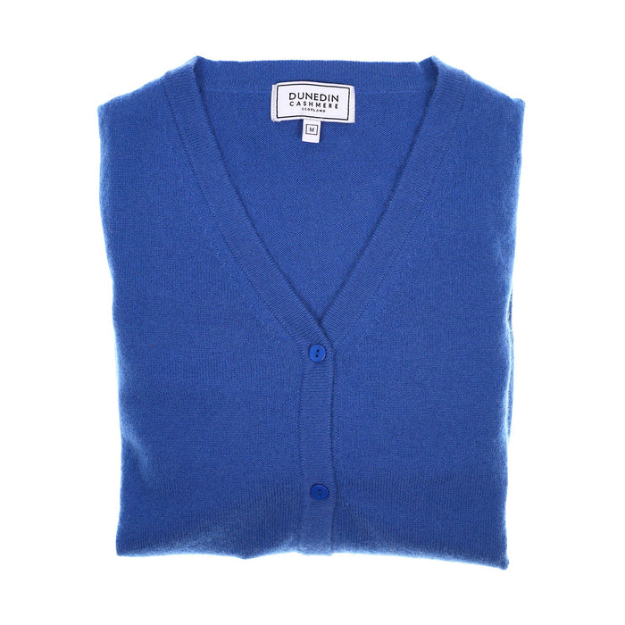 100% Cashmere Ladies V Neck Cardigan Cornflower - Heritage Of Scotland - XS