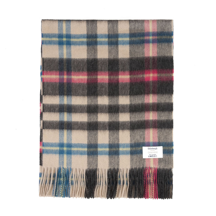 100% Cashmere Wide Tartan Scarf Mile Check - Pearl/Pewter - Heritage Of Scotland - Mile Check - Pearl/Pewter