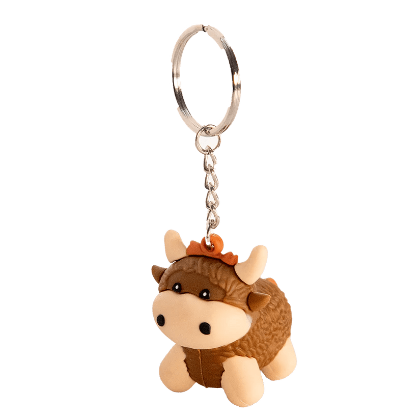 3D Rubber Keyring – Happy - ness or Highland Coo in Vibrant Colours - Heritage Of Scotland - Highland Coo