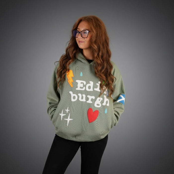 Adults Edinburgh 3D Puff Print Hoodie – Dusty Green - Heritage Of Scotland - XS