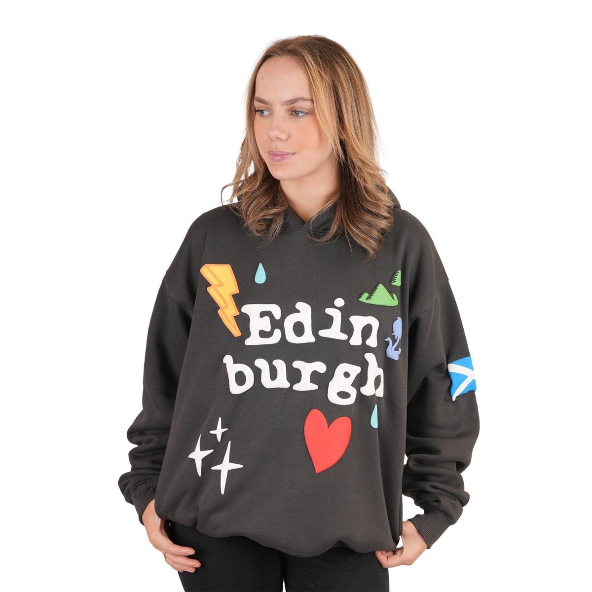 Adults Edinburgh 3D Puff Printed Hooded Top Charcoal - Heritage Of Scotland - CHARCOAL
