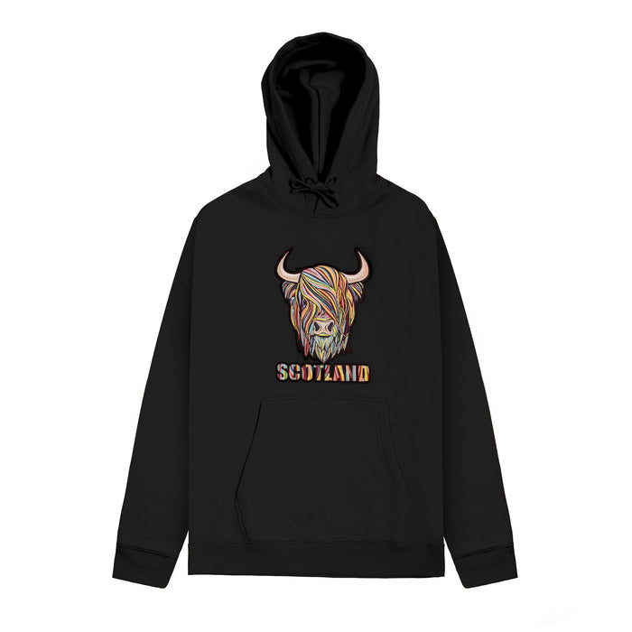 Adults Pastel Highland Cow Hooded Top Black - Heritage Of Scotland - BLACK