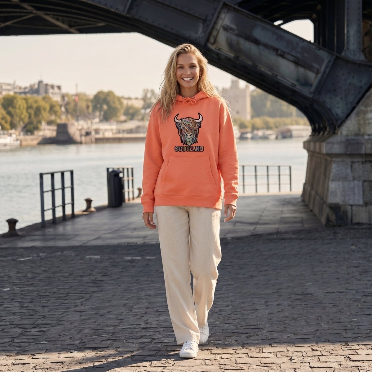 Adults Pastel Highland Cow Hooded Top - Coral - Heritage Of Scotland - CORAL