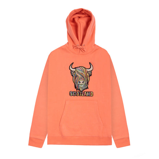 Adults Pastel Highland Cow Hooded Top Coral - Heritage Of Scotland - CORAL