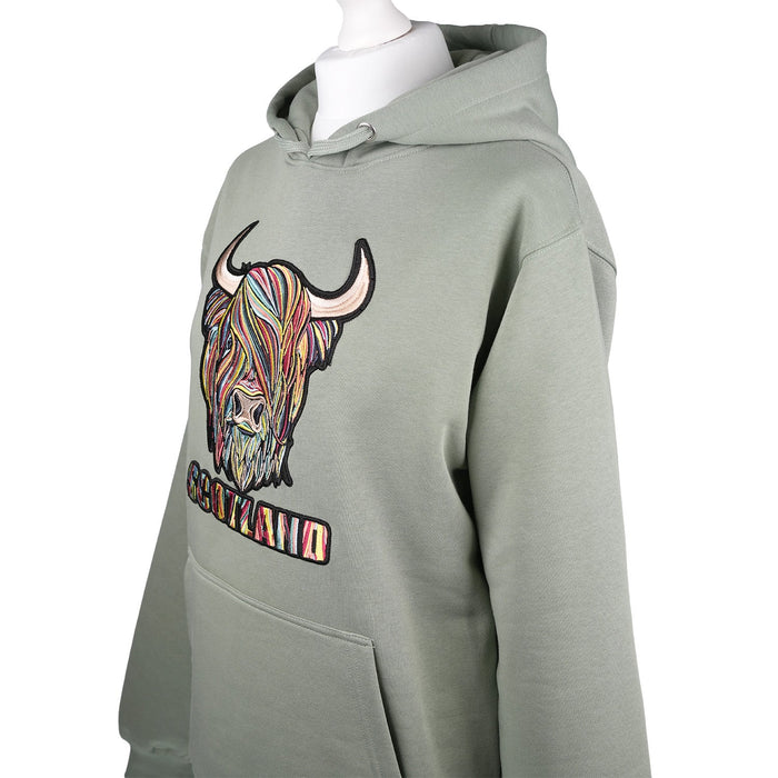 ADULTS PASTEL HIGHLAND COW HOODED TOP DUSTY GREEN - Heritage Of Scotland - XS