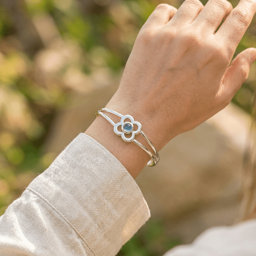 Art Pewter Birthstone Bangle - Silver Plated Pewter - Made in Scotland - March (Aquamarine) - Heritage Of Scotland -