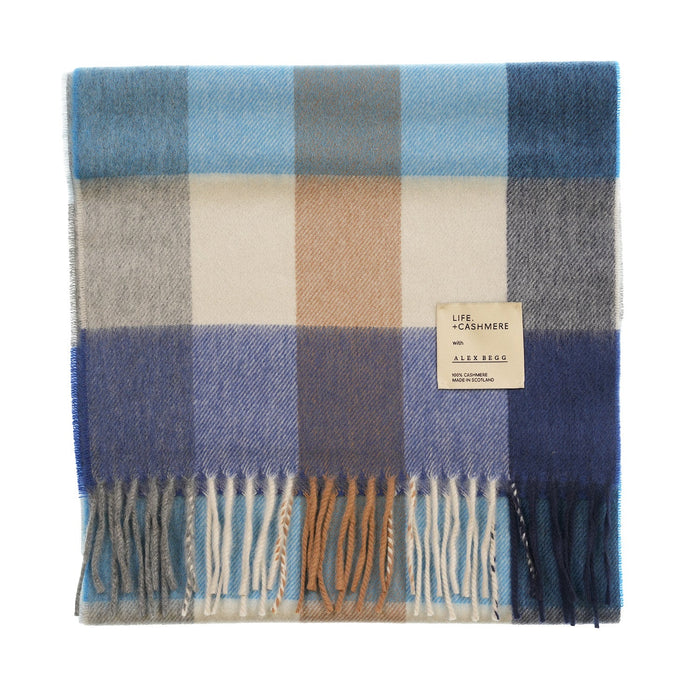 Balmoral 100% Cashmere Woven Scarf Tartans and Checks - Made in Scotland - Heritage Of Scotland - BLOCK CHECK BLUE
