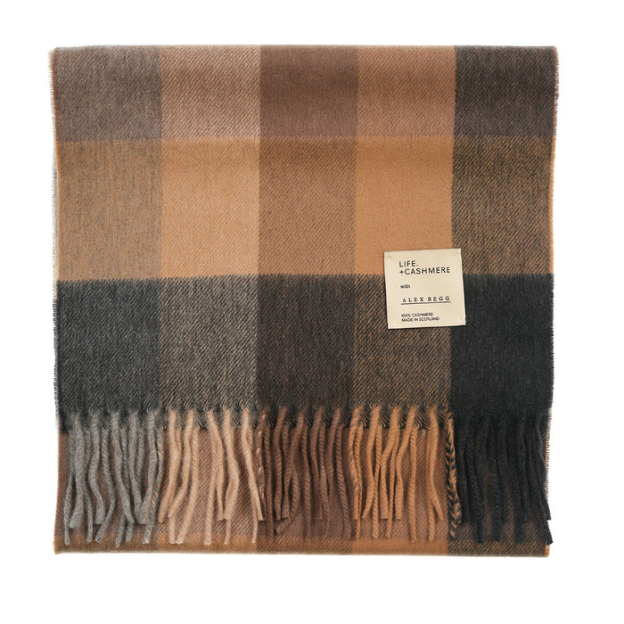 Balmoral 100% Cashmere Woven Scarf Tartans and Checks - Made in Scotland - Heritage Of Scotland - BLOCK CHECK NATURAL