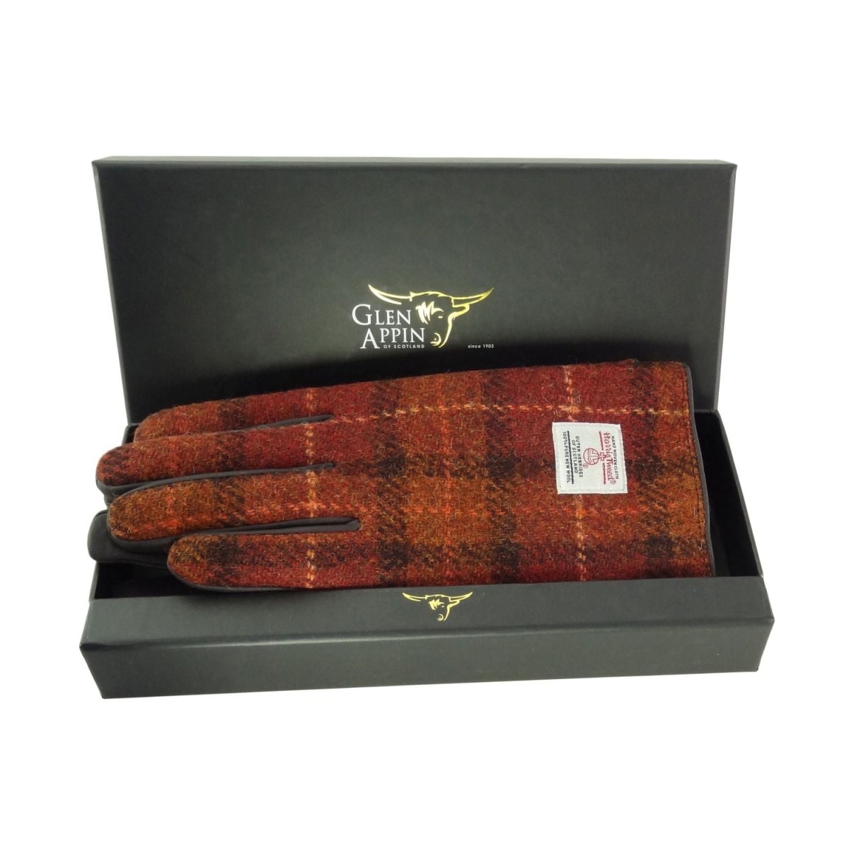 Boxed Harris Tweed and Brown Leather Ladies Gloves in Rust with Orange Overcheck (COL117) - Heritage Of Scotland - Large