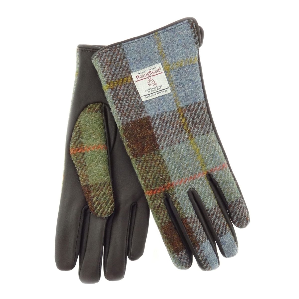 Boxed Harris Tweed and Brown Leather Ladies Gloves MacLeod Tartan (COL015) - Heritage Of Scotland - Large