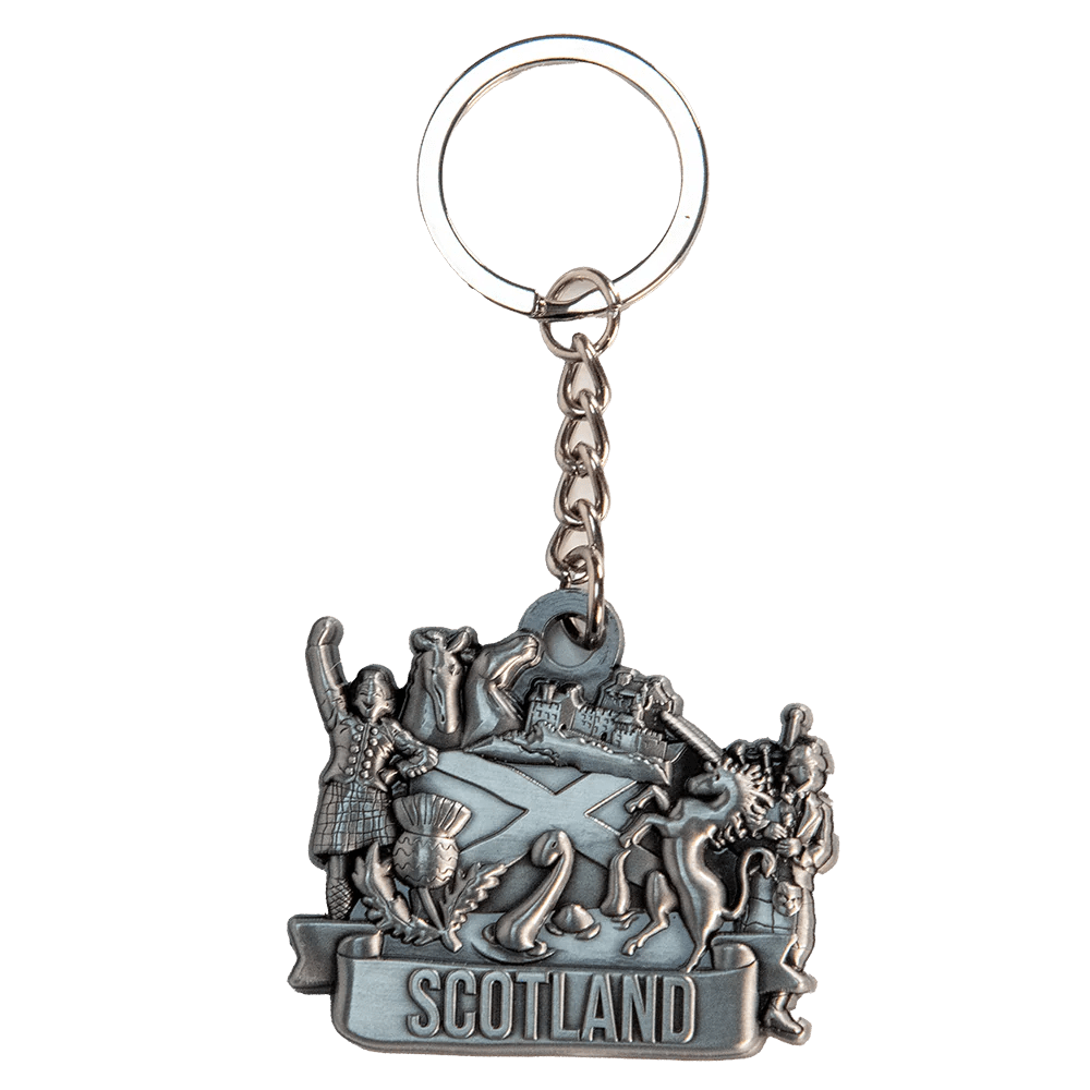 Brushed Metal Scottish Keyring – Nessie, Coo, Collage & More - Heritage Of Scotland - Scotland Piper Collage