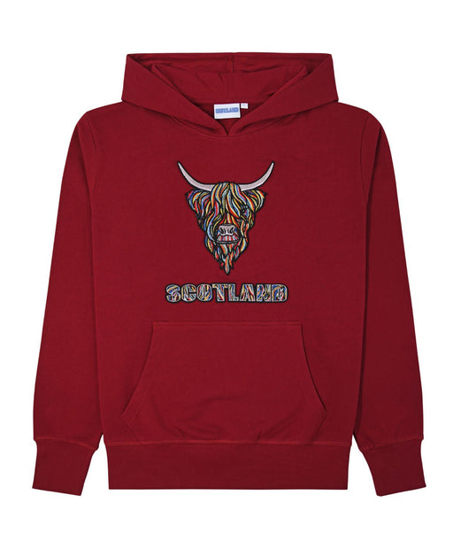 Colourful Highland Cow Embroidered Hood - Heritage Of Scotland - BURGUNDY