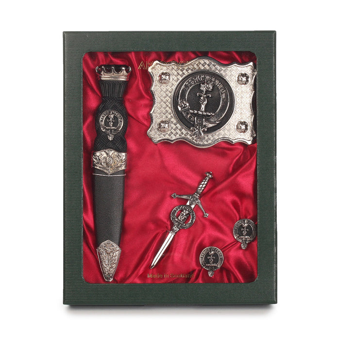 Colquhoun Clan Badge, Kilt Pin, Lapel Pin, Cufflinks, Keyring/Key Fob & Gift Set — Fine Pewter by Art Pewter — Made in Scotland (Shiny Finish) - Heritage Of Scotland - Gift Set