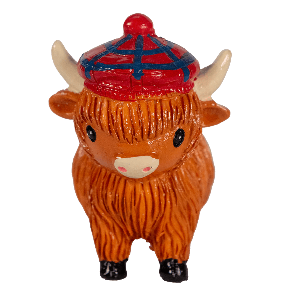 COOlectibles Highland Coo Figurines – Fun Scottish Cow Characters - Heritage Of Scotland - Coo with Tartan Hat