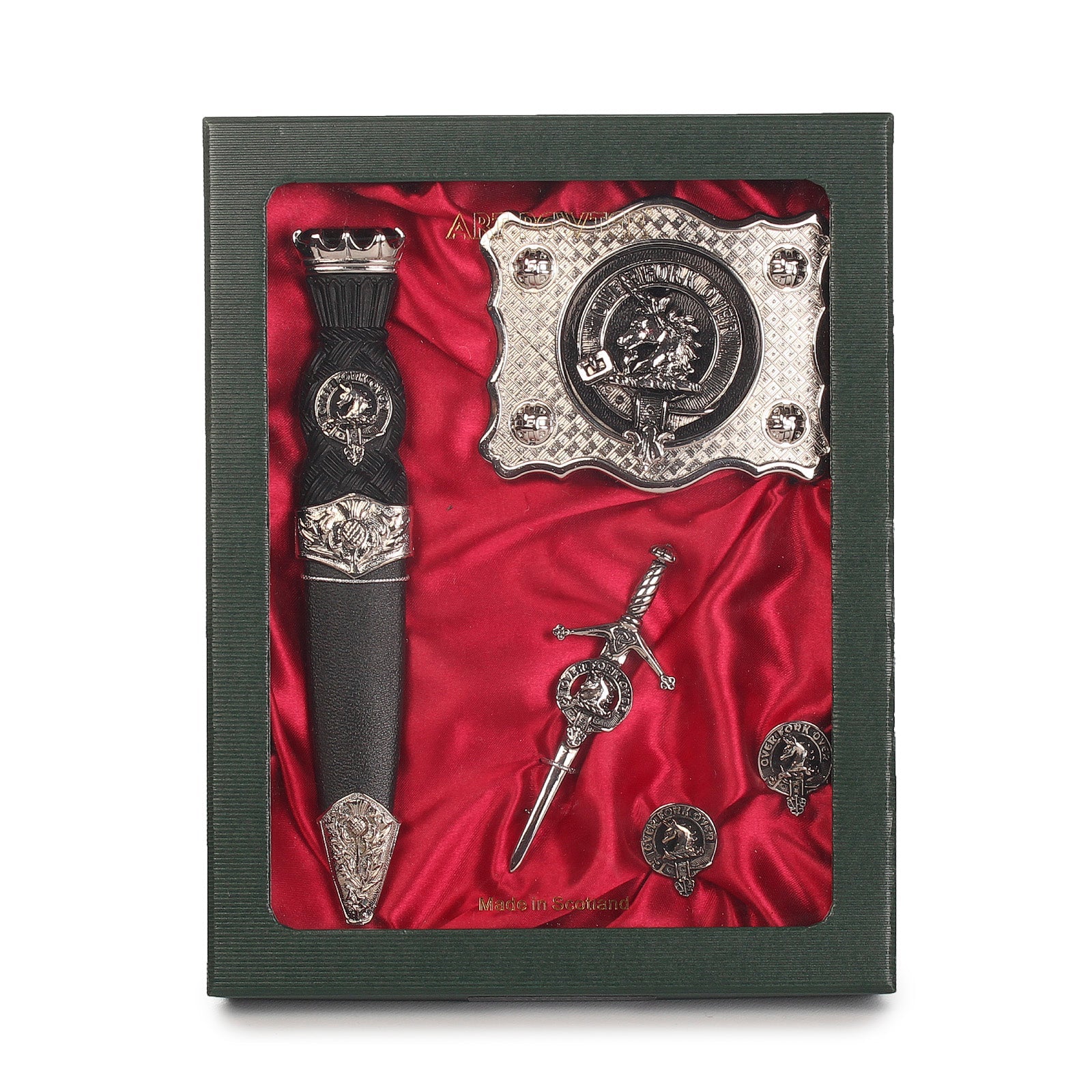 Cunningham Clan Badge, Kilt Pin, Lapel Pin, Cufflinks, Keyring/Key Fob & Gift Set — Fine Pewter by Art Pewter — Made in Scotland (Shiny Finish) - Heritage Of Scotland - Gift Set