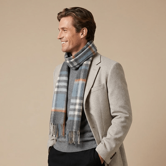 Edinburgh 100% Lambswool Scarf – Premium Soft Wool Wrap - Chequer Orange Grey Blue - Heritage Of Scotland -
