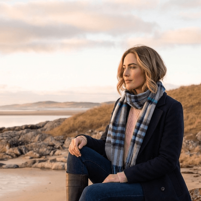 Edinburgh 100% Lambswool Scarf – Premium Soft Wool Wrap - Chequer Tartan Bright Blue and Grey - Heritage Of Scotland -
