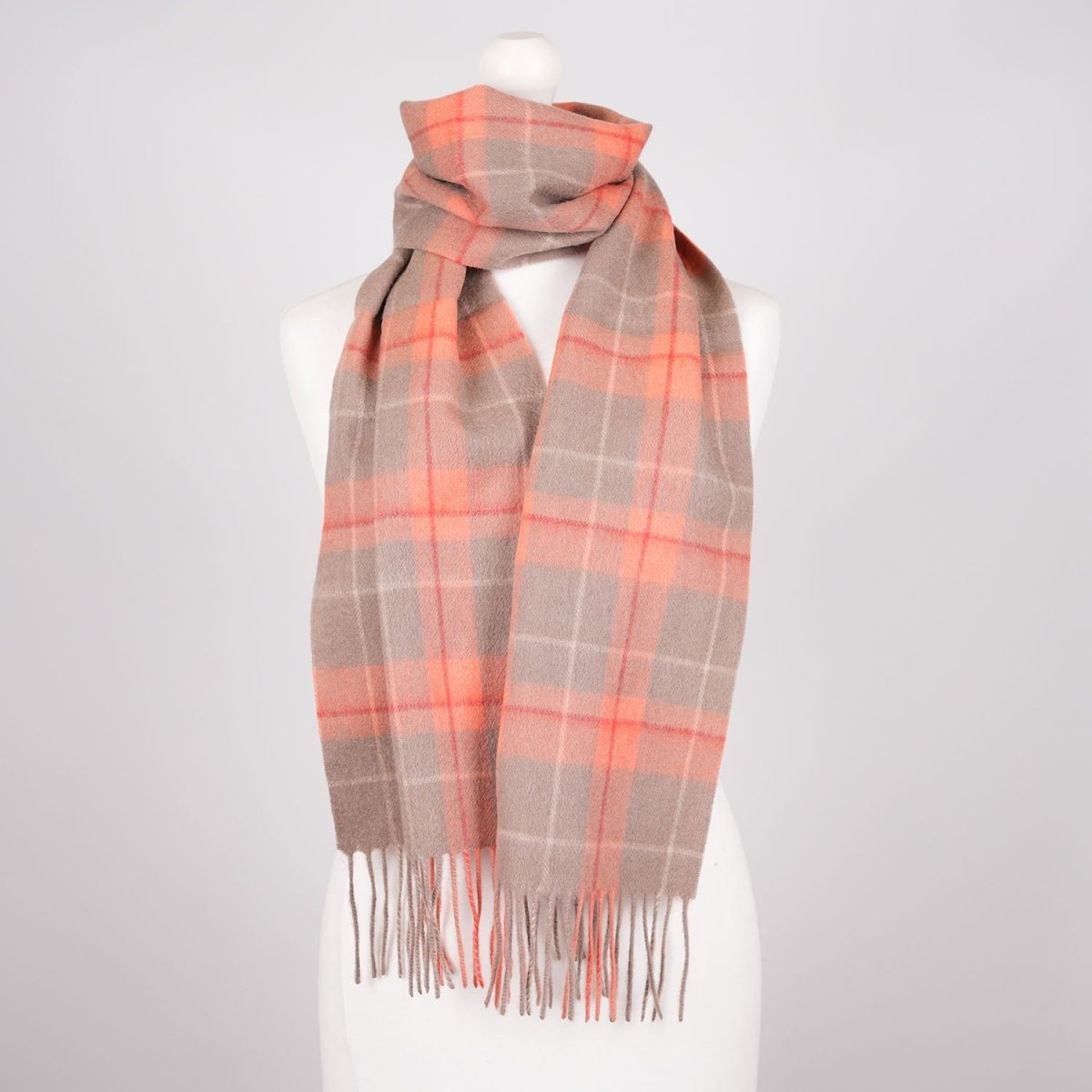 Edinburgh 100% Lambswool Scarf – Premium Soft Wool Wrap - Heivon Tattersall - Warm Taupe/Coral - Heritage Of Scotland -