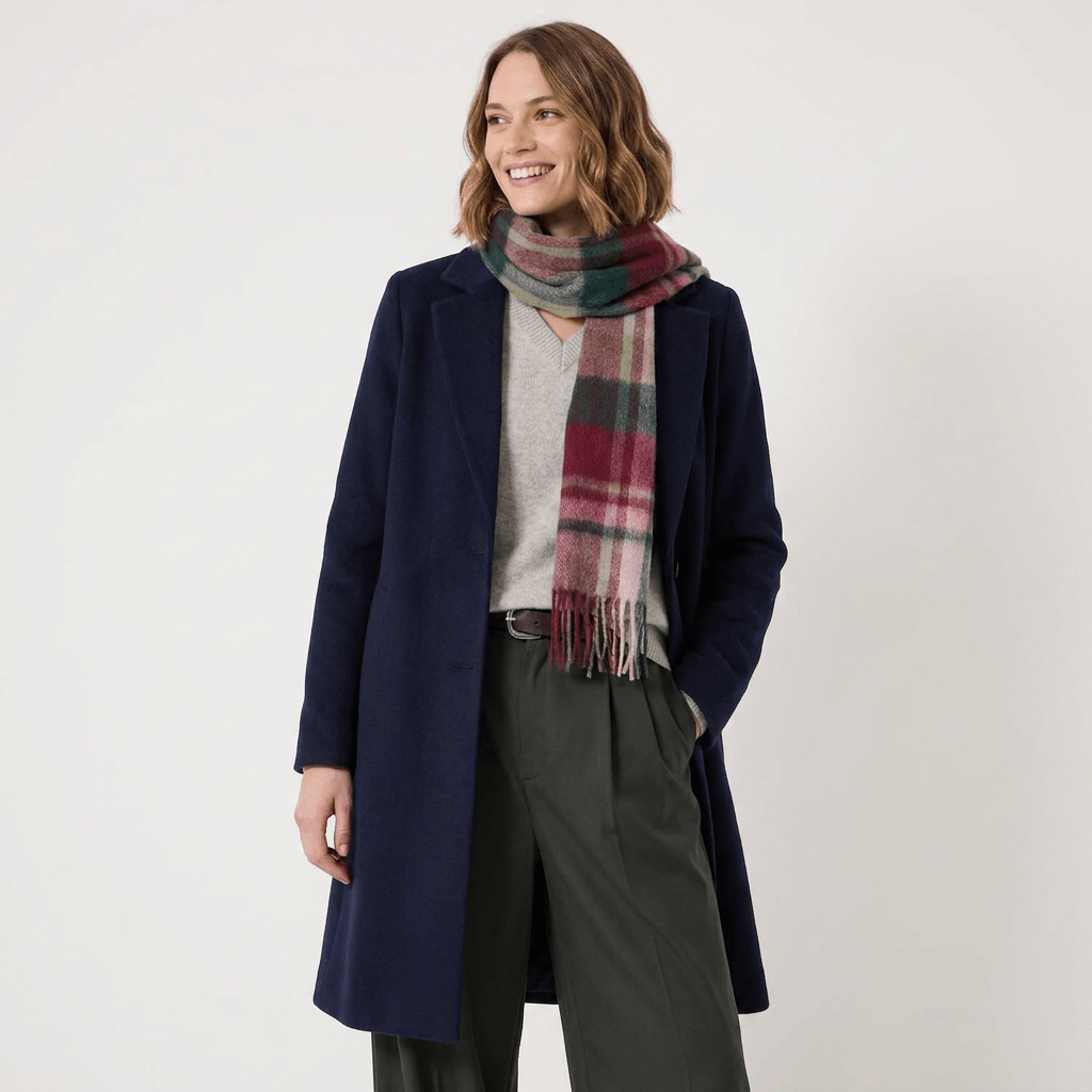 Edinburgh 100% Lambswool Scarf – Premium Soft Wool Wrap - Myriad Check - Khaki/Bordeaux - Heritage Of Scotland -