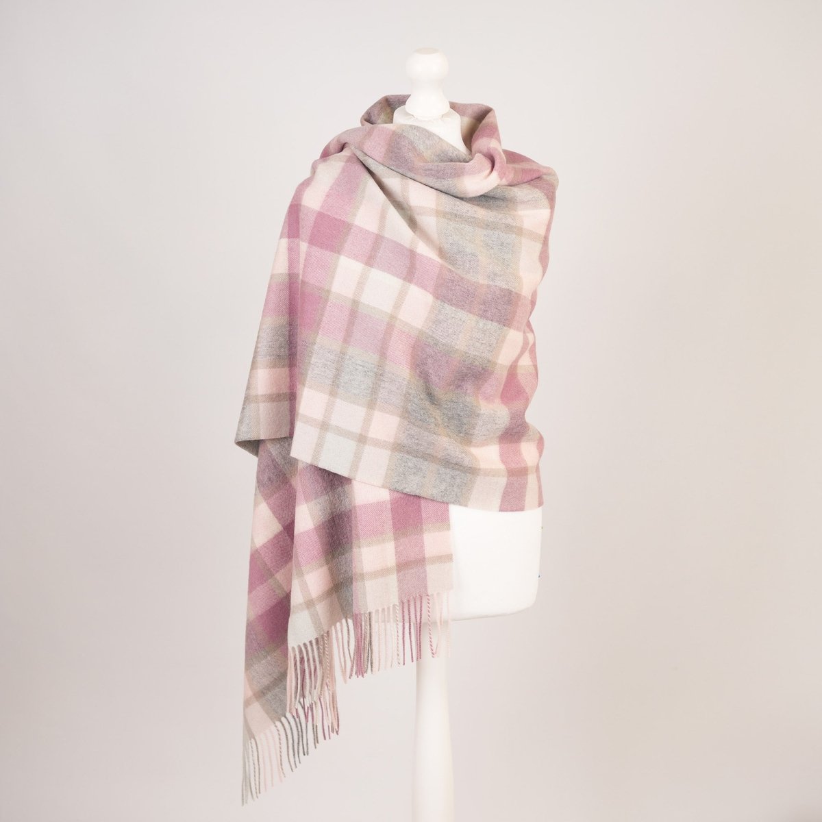 Edinburgh Lambswool Tartan Stole - Soft Luxury Check Wrap with Fringe - Artillery Check Light Pink - Heritage Of Scotland -