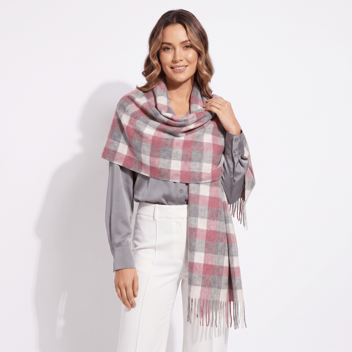 Edinburgh Lambswool Tartan Stole - Soft Luxury Check Wrap with Fringe - Big Check Muted White and Pink - Heritage Of Scotland -