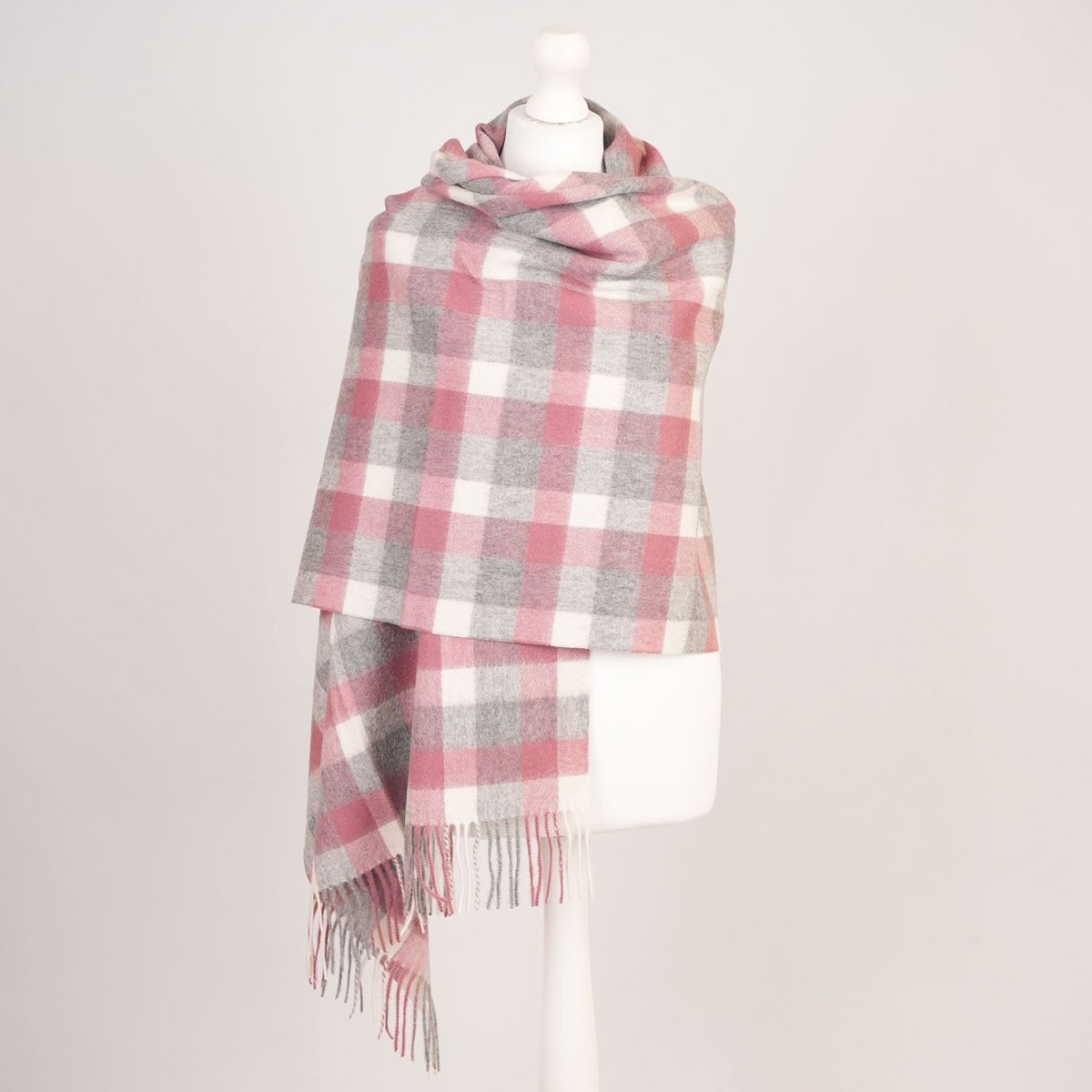 Edinburgh Lambswool Tartan Stole - Soft Luxury Check Wrap with Fringe - Big Check Muted White and Pink - Heritage Of Scotland -