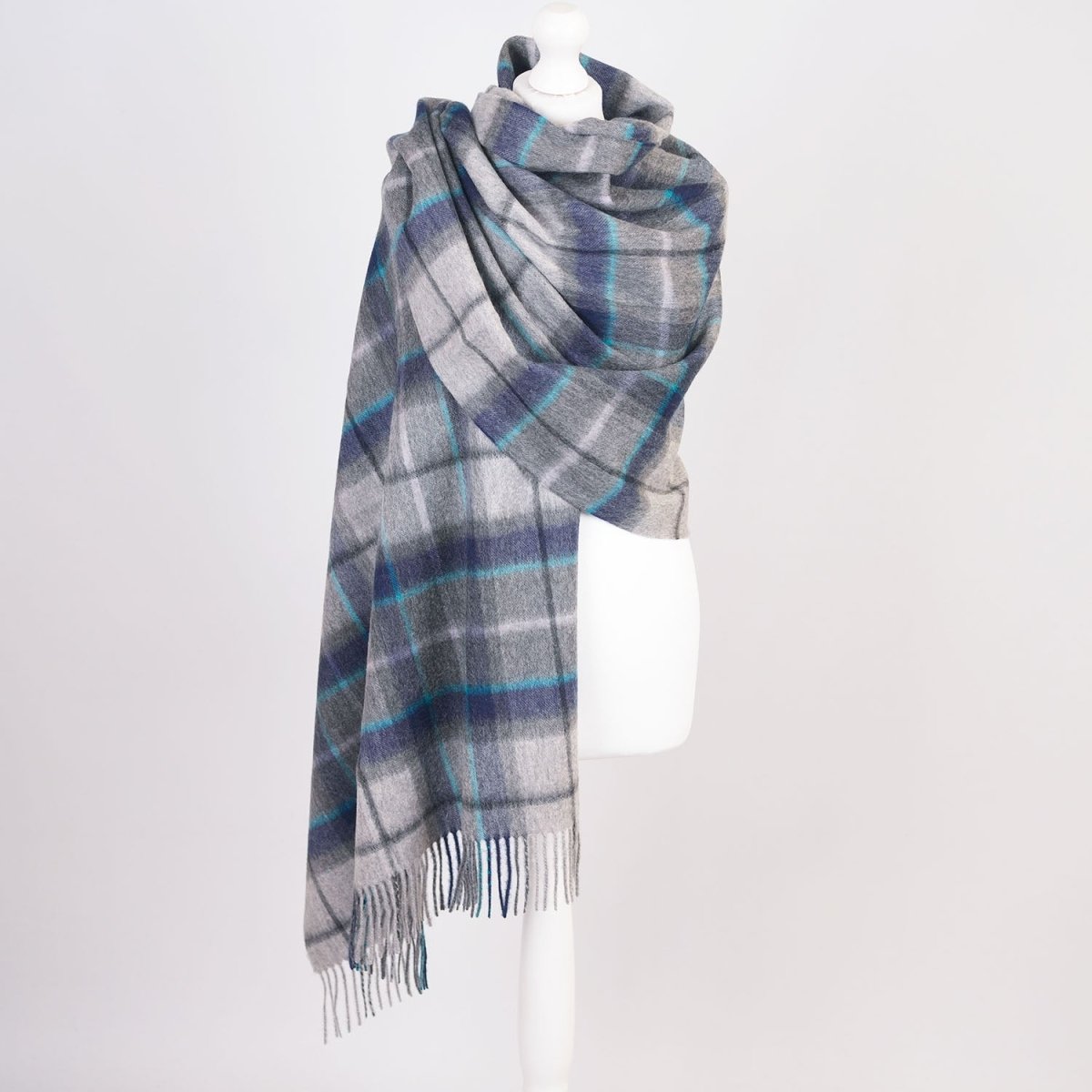 Edinburgh Lambswool Tartan Stole - Soft Luxury Check Wrap with Fringe - Dove and Grey Check - Heritage Of Scotland -