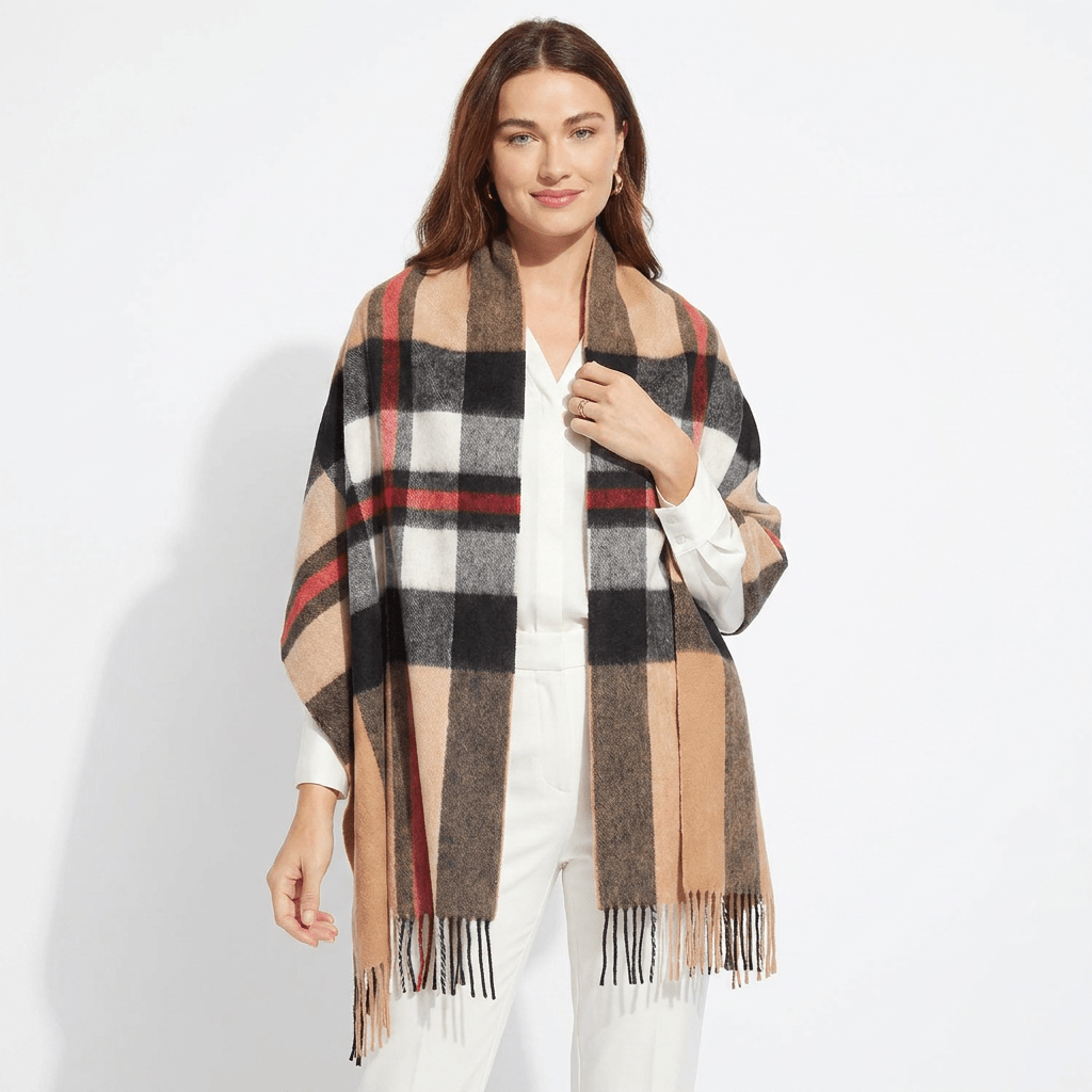 Edinburgh Lambswool Tartan Stole - Soft Luxury Check Wrap with Fringe - Exploded Thomson Camel - Heritage Of Scotland -