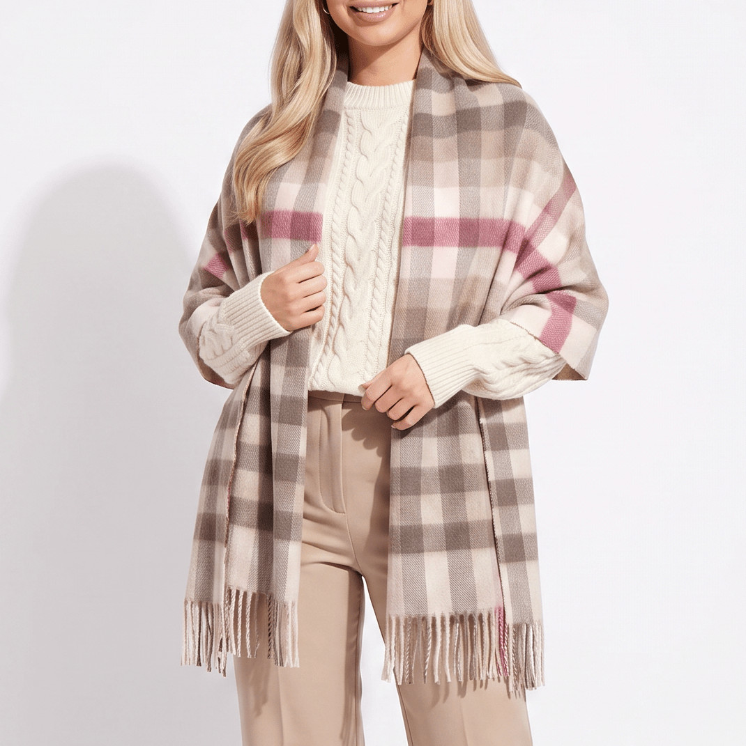 Edinburgh Lambswool Tartan Stole - Soft Luxury Check Wrap with Fringe - Giant Chequer - Pink and Taupe - Heritage Of Scotland -