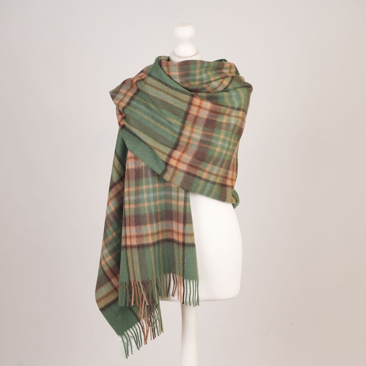 Edinburgh Lambswool Tartan Stole - Soft Luxury Check Wrap with Fringe - Royal Stewart Vintage Green - Heritage Of Scotland -