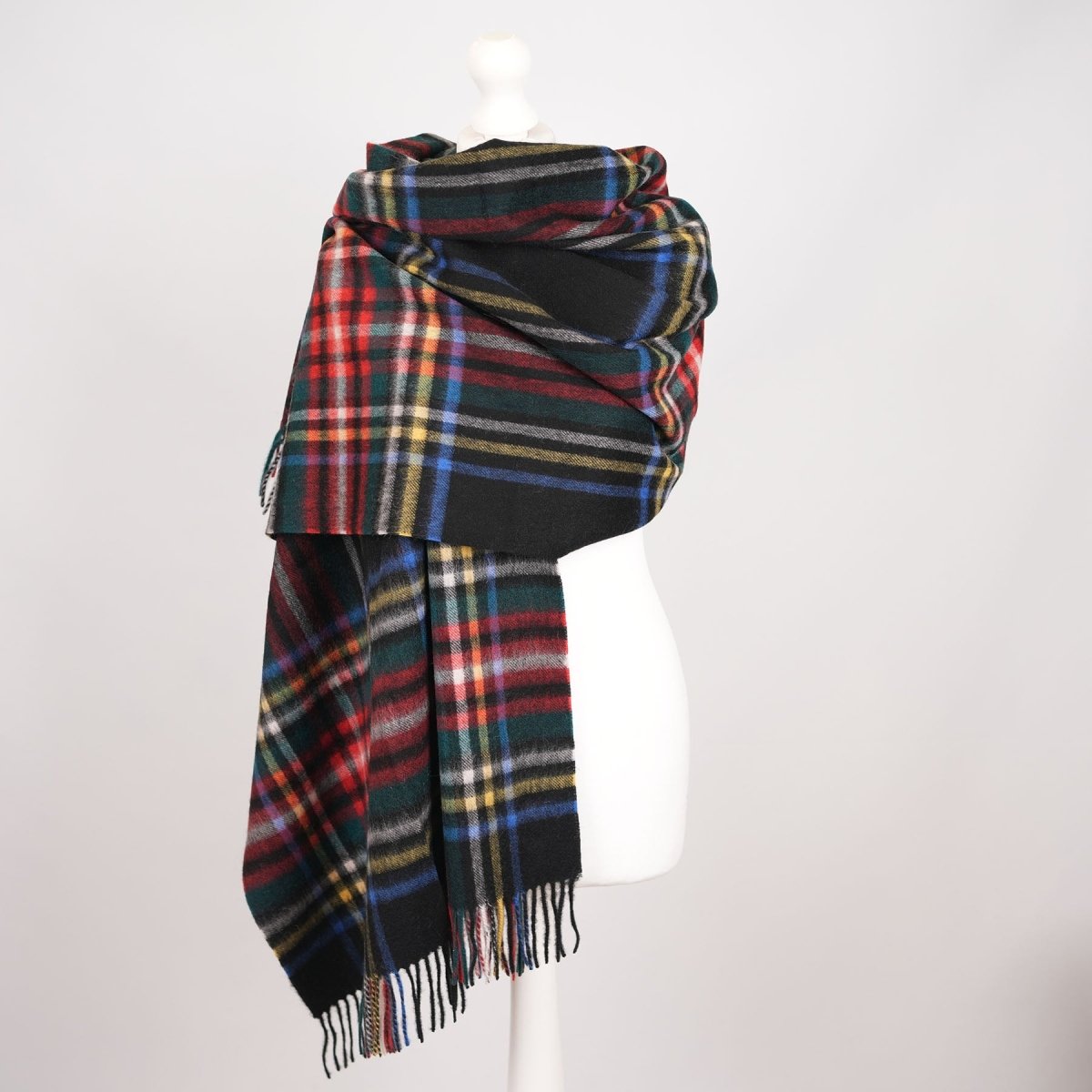 Edinburgh Lambswool Tartan Stole - Soft Luxury Check Wrap with Fringe - Stewart Black - Heritage Of Scotland -