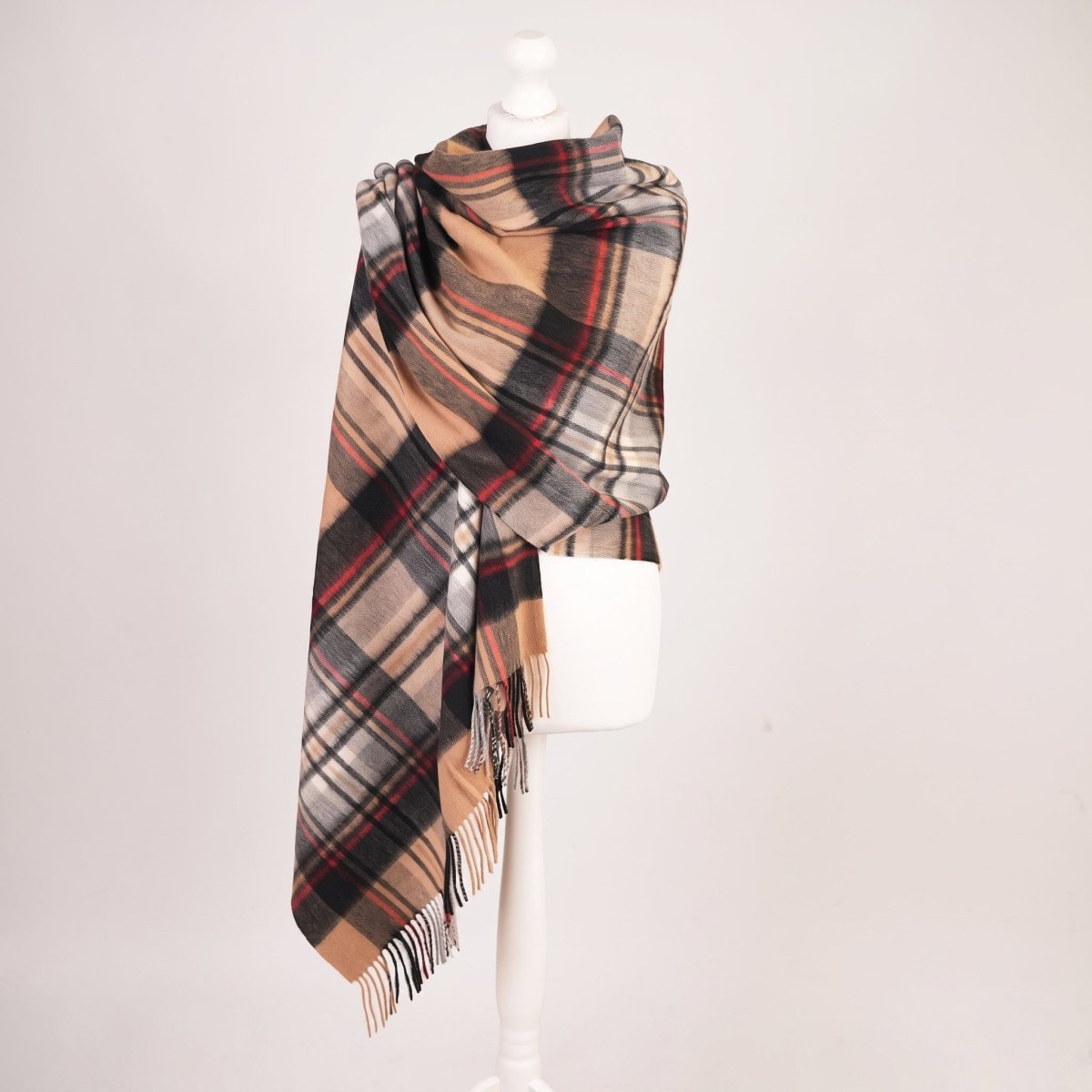 Edinburgh Lambswool Tartan Stole - Soft Luxury Check Wrap with Fringe - Stewart Camel - Heritage Of Scotland -