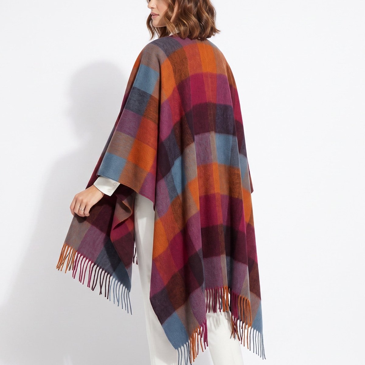 Edinburgh Long Lambswool Tartan Cape – Premium Plaid Wrap - Checkers - Orange - Pink - Heritage Of Scotland -