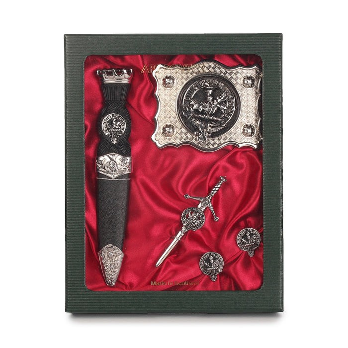 Ferguson Clan Badge, Kilt Pin, Lapel Pin, Cufflinks, Keyring/Key Fob & Gift Set — Fine Pewter by Art Pewter — Made in Scotland (Shiny Finish) - Heritage Of Scotland - Gift Set