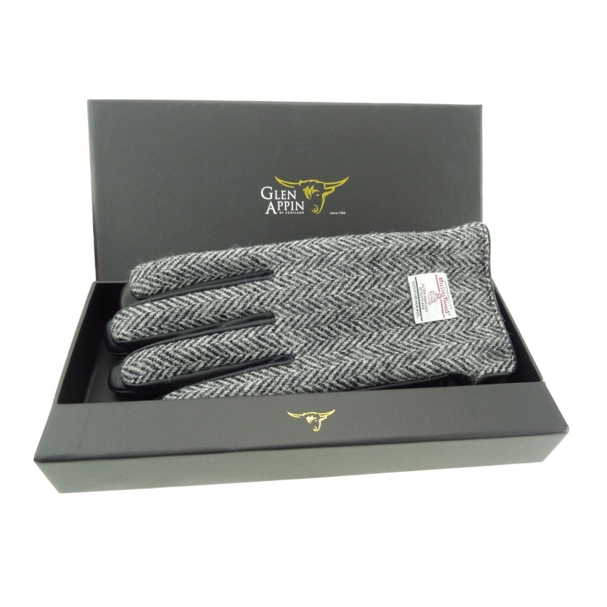 Harris Tweed & Black Leather Men’s Gloves – Luxury Boxed Gift in Black/White Herringbone (COL004) - Heritage Of Scotland - L