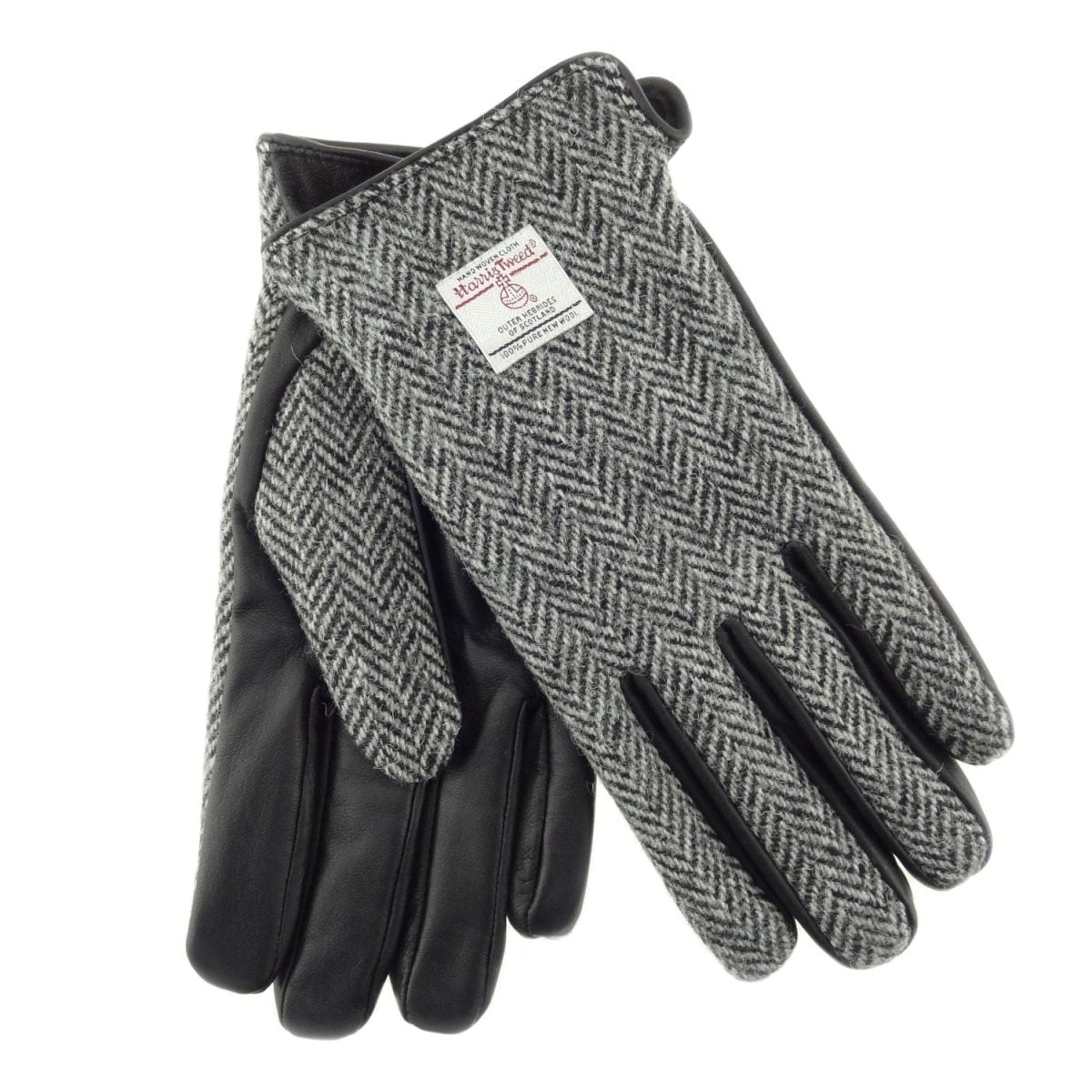 Harris Tweed & Black Leather Men’s Gloves – Luxury Boxed Gift in Black/White Herringbone (COL004) - Heritage Of Scotland - L