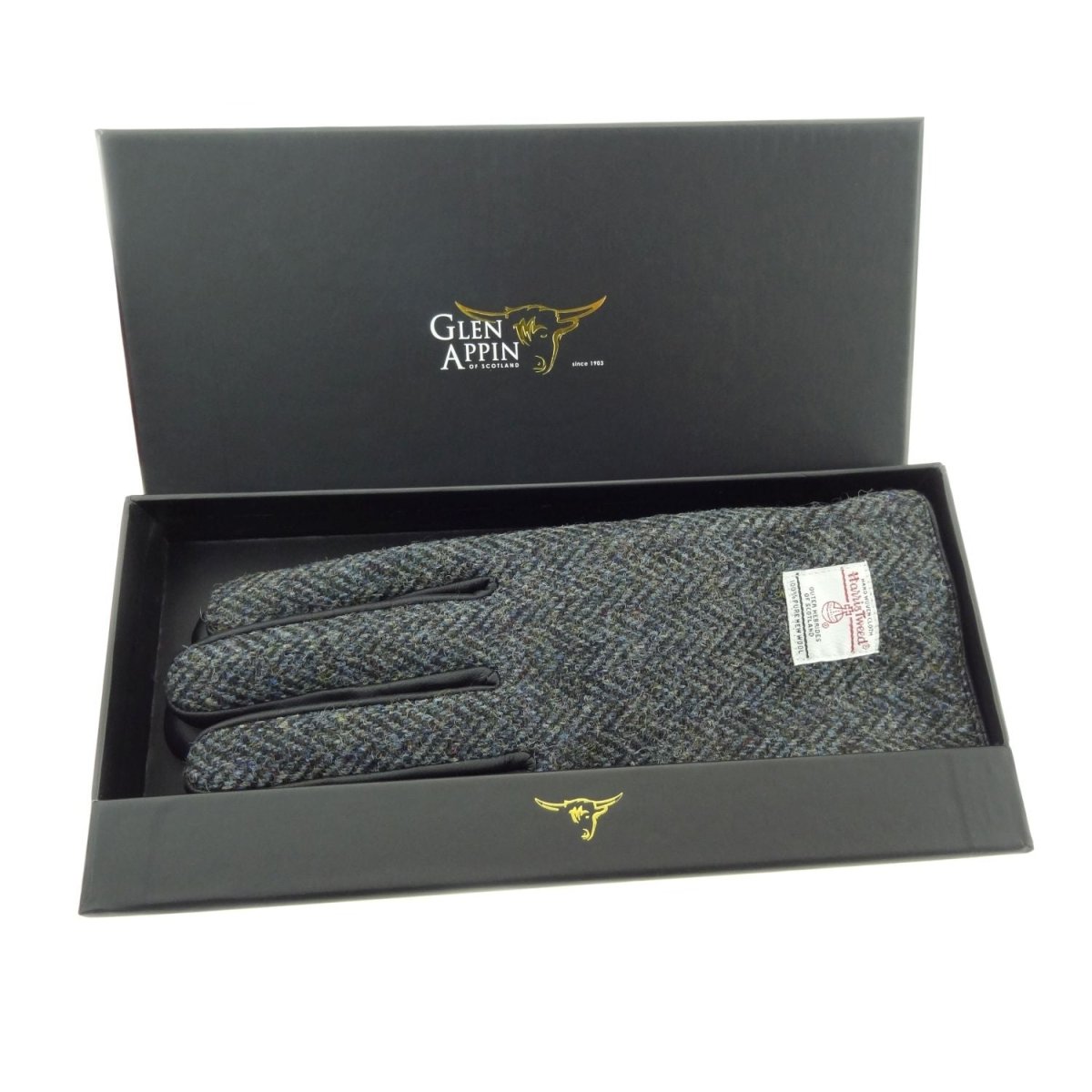Harris Tweed & Black Leather Men’s Gloves – Luxury Boxed Gift in Charcoal Herringbone (COL001) - Heritage Of Scotland - L