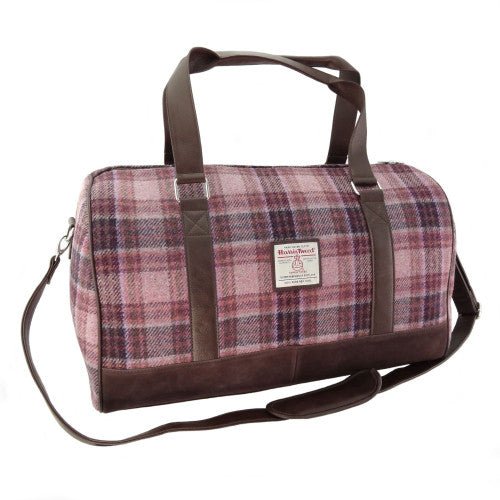 Harris Tweed Clyde Weekend Bag – Spacious Wool Travel Holdall - Pink/Burgundy Check (COL154) - Heritage Of Scotland -