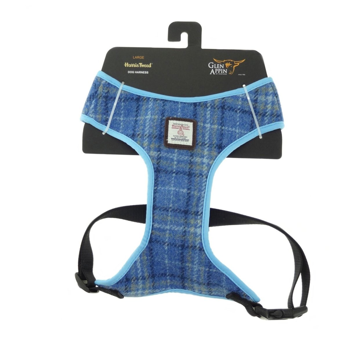 Harris Tweed Dog Harness – Stylish & Durable Designer Dog Harness in Light Blue Check (COL129) - Heritage Of Scotland - Large
