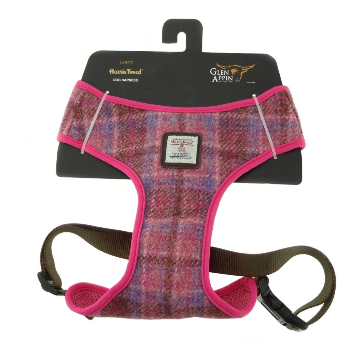 Harris Tweed Dog Harness – Stylish & Durable Designer Dog Harness in Pink Check (COL103) - Heritage Of Scotland - Large