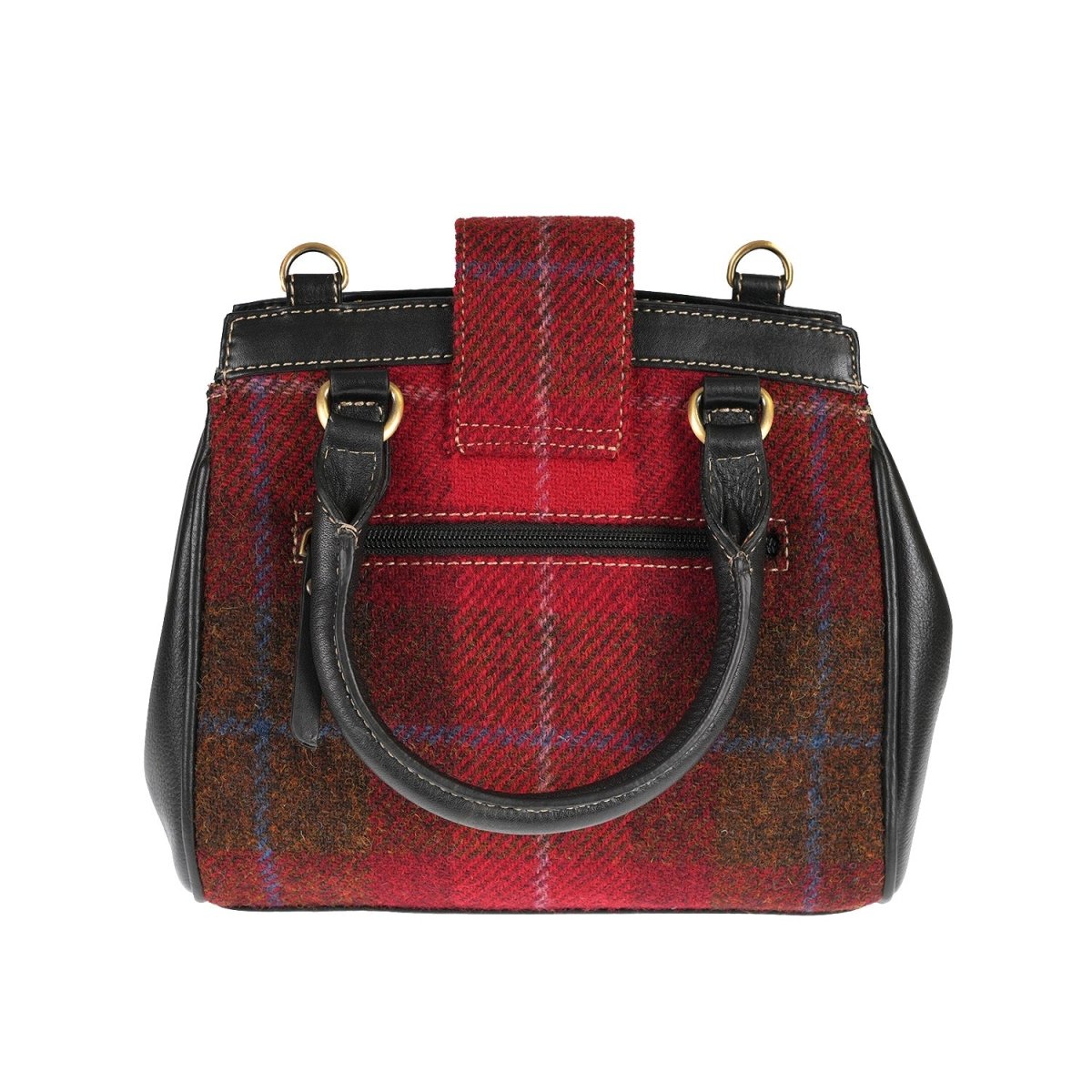 Harris Tweed Handbag With Flap Closer - RED CHECK A / BLACK - Heritage Of Scotland -