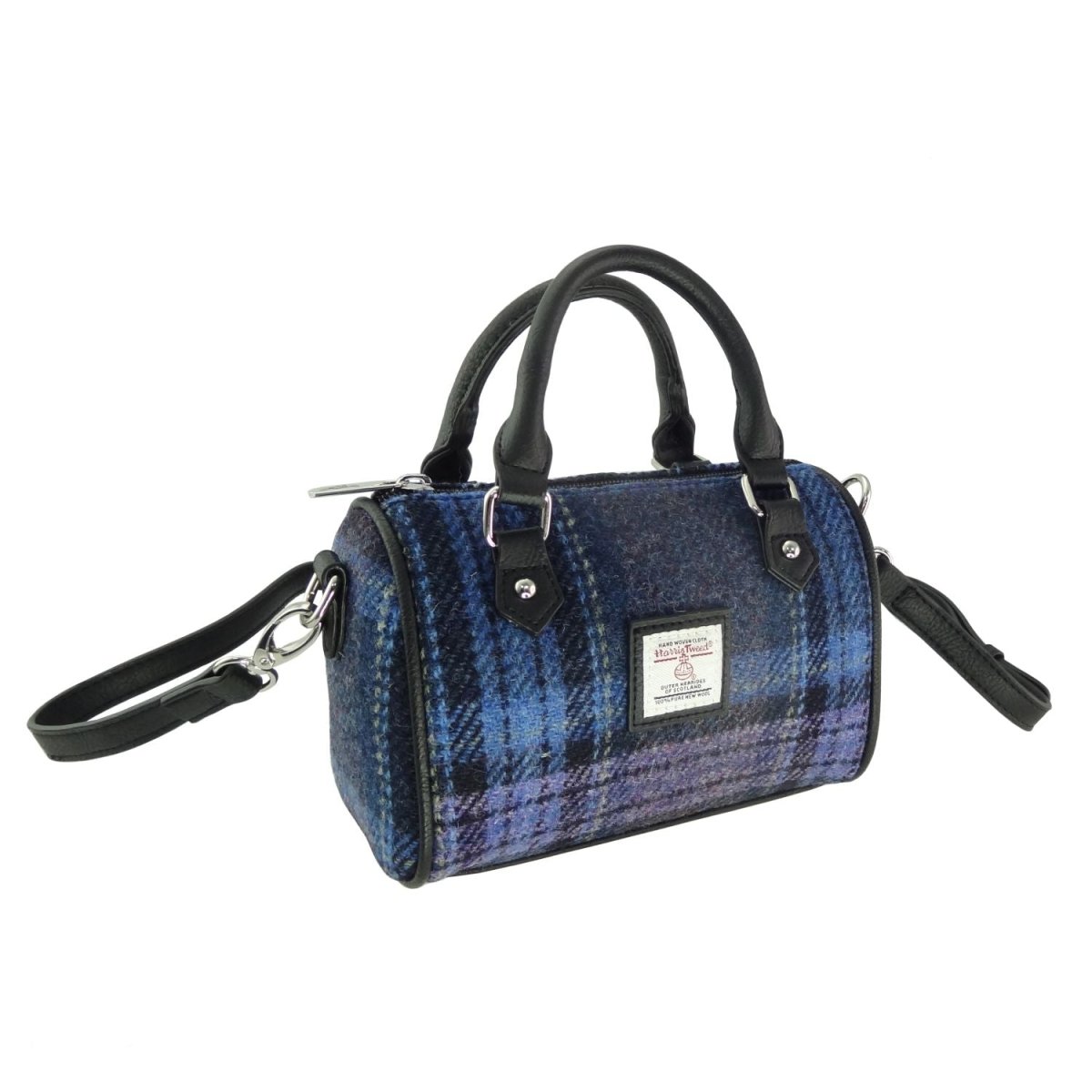 Harris Tweed Kilbride Mini Bowling Bag - Small Shoulder and Handbag - Blue & Purple Stewart Tartan (COL143) - Heritage Of Scotland -