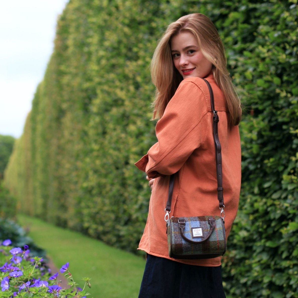 Harris Tweed Kilbride Mini Bowling Bag - Small Shoulder and Handbag - Grey with Rust Overcheck (COL127) - Heritage Of Scotland -
