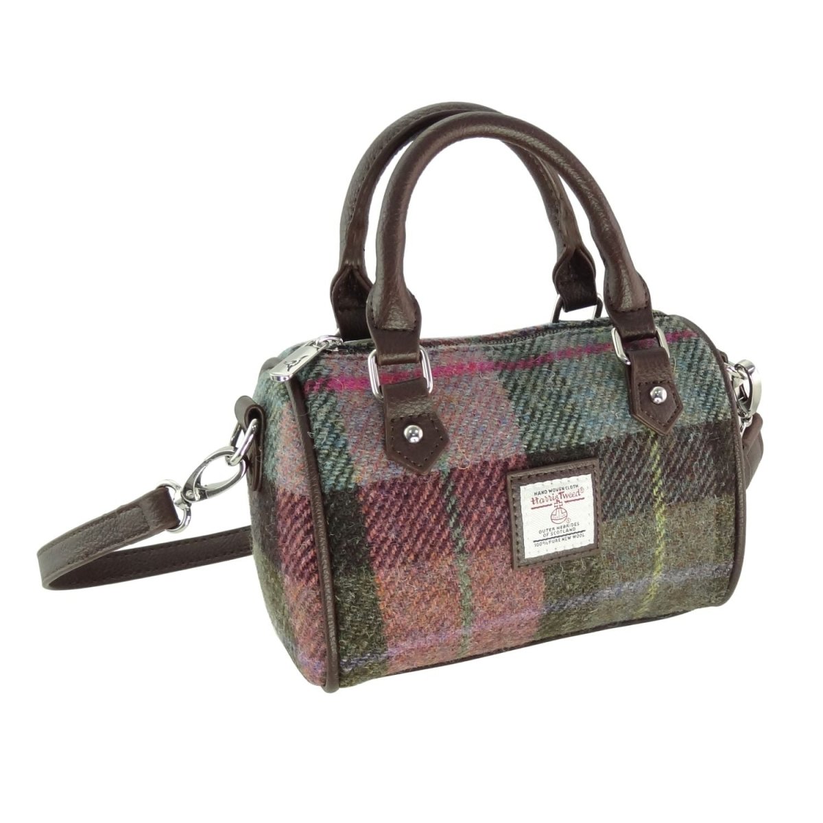 Harris Tweed Kilbride Mini Bowling Bag - Small Shoulder and Handbag - Muted Green & Rose Pink Tartan (COL137) - Heritage Of Scotland -