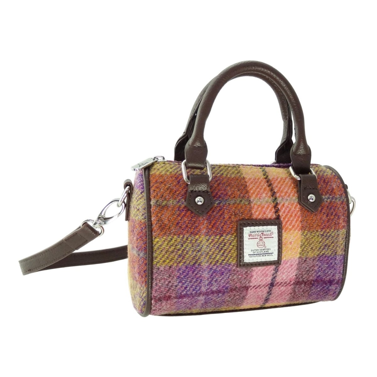Harris Tweed Kilbride Mini Bowling Bag - Small Shoulder and Handbag - Peach and Purple Tartan (COL124) - Heritage Of Scotland -