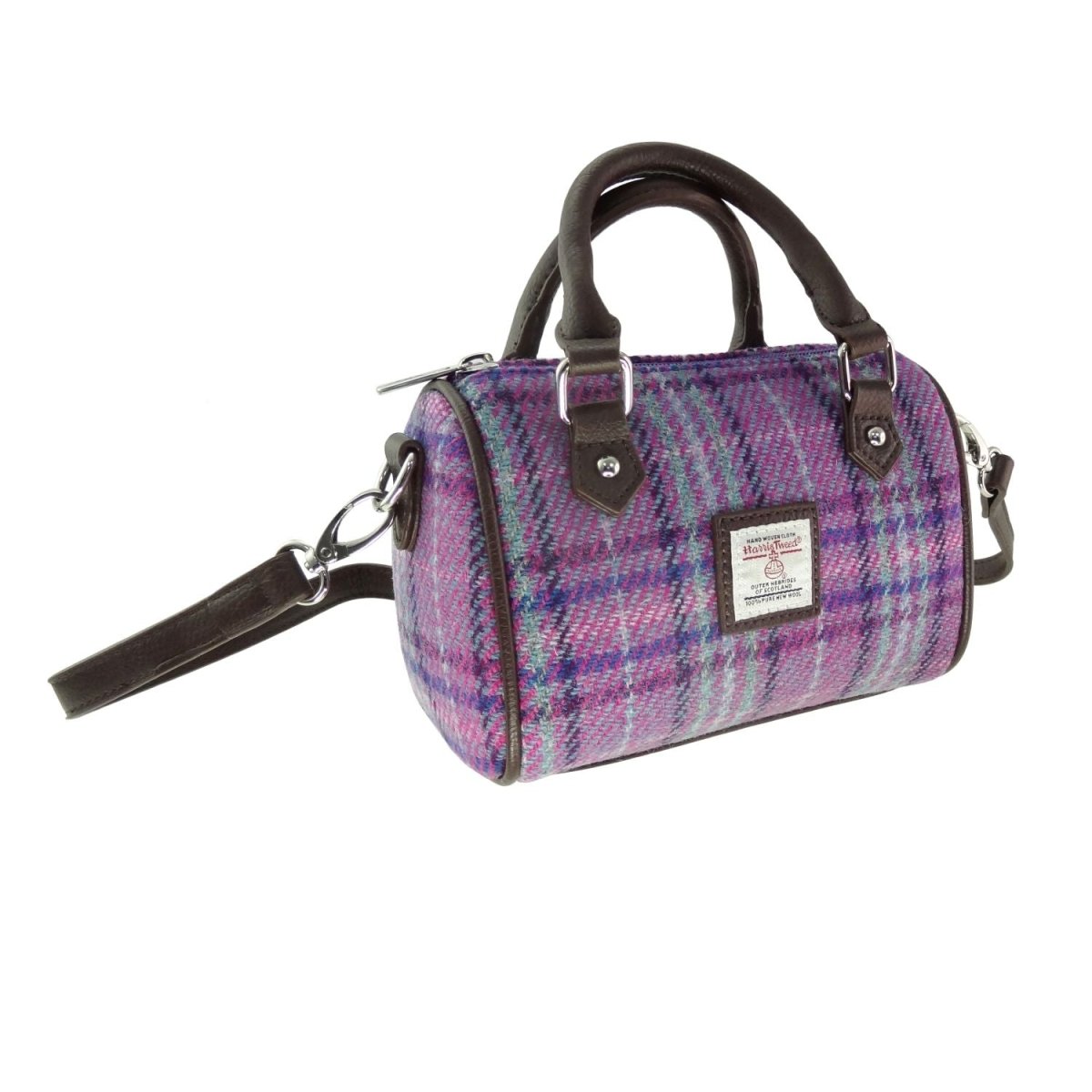 Harris Tweed Kilbride Mini Bowling Bag - Small Shoulder and Handbag - Purple & Mint Check (COL146) - Heritage Of Scotland -