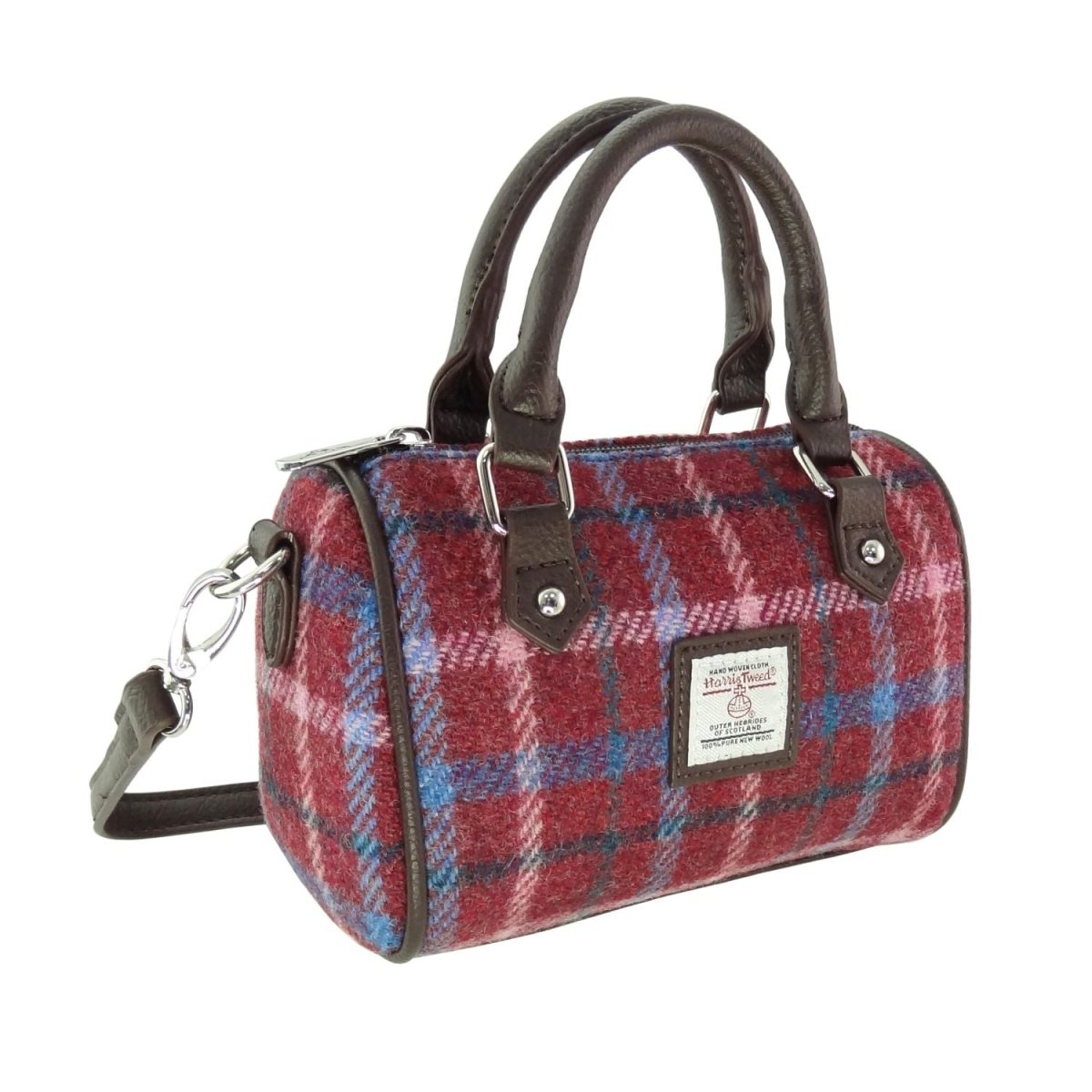 Harris Tweed Kilbride Mini Bowling Bag - Small Shoulder and Handbag - Rust Red with Green, White & Blue Overcheck (COL151) - Heritage Of Scotland -