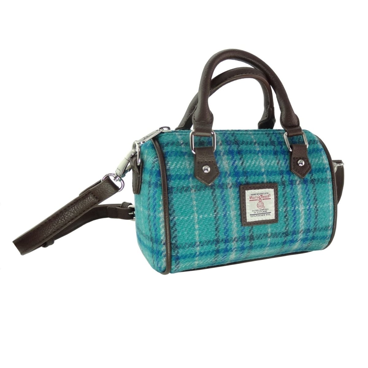 Harris Tweed Kilbride Mini Bowling Bag - Small Shoulder and Handbag - Teal & Blue Check (COL145) - Heritage Of Scotland -